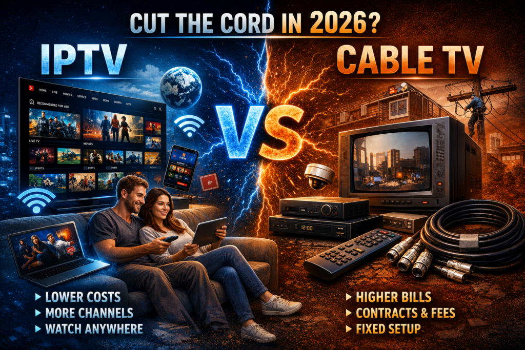Marinios IPTV  vs traditional cable TV comparison showing cost, channels, and streaming flexibility differences in 2026.
