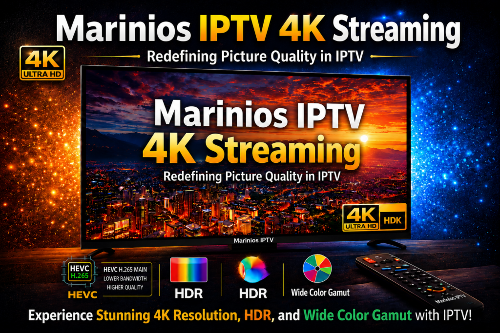 Marinios IPTV 4K streaming showcasing ultra high-definition IPTV picture quality on smart TV and devices.